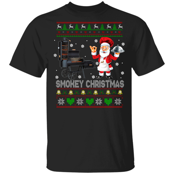 Christmas BBQ Lover Shirt Smokey Christmas Ugly Funny Christmas Sweater BBQ Santa Grilling Roast On Smoker Smokey Gifts T-Shirt - Macnystore
