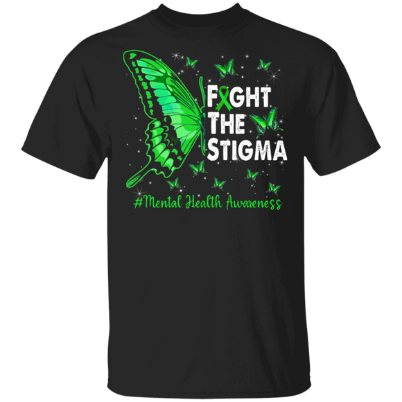 Mental Health Awareness Shirt Fight The Stigma Green Butterflies Lover Gifts T-Shirt - Macnystore