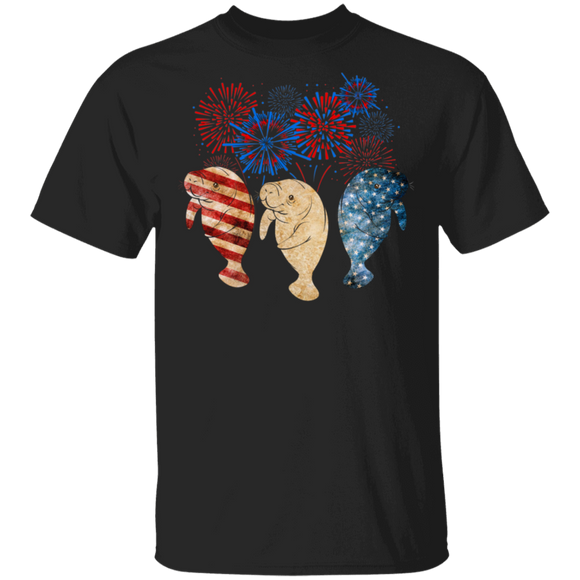 Cool Firework American Flag Manatees Shirt Matching Manatee Lover Fans 4th Of July United States Independence Day Gifts T-Shirt - Macnystore