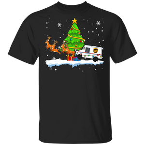 Christmas Reindeer Shirt UPS Mail Car Reindeer Funny Christmas Tree Lights Mailman Postal Worker Gifts T-Shirt - Macnystore