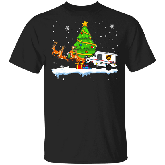 Christmas Reindeer Shirt UPS Mail Car Reindeer Funny Christmas Tree Lights Mailman Postal Worker Gifts T-Shirt - Macnystore