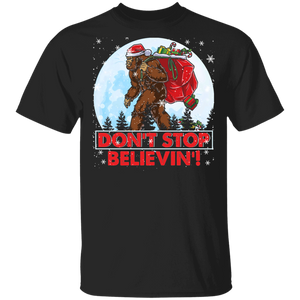 Christmas Bigfoot Lover Shirt Don't Stop Believin' Funny Christmas Santa Bigfoot Santa Moon Matching Sasquatch Lover Gifts T-Shirt - Macnystore