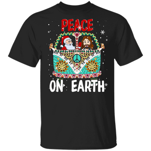 Christmas Christian Shirt Peace On Earth Funny Christmas Santa And Jesus Christ Christian Hippie Bus Lover Gifts T-Shirt - Macnystore