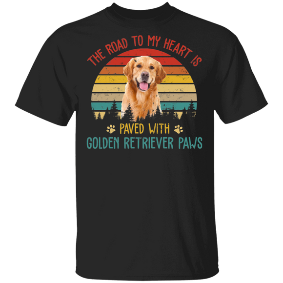 Vintage Retro The Road To My Heart Is Paved With Golden Retriever Paws T-Shirt - Macnystore