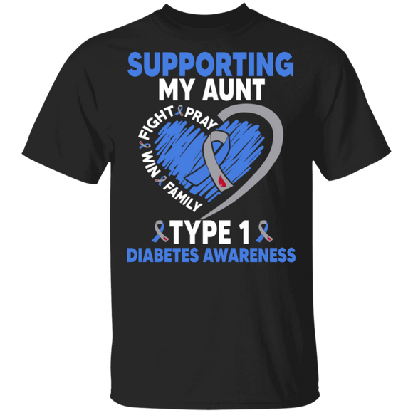 Diabetes Awareness Shirt Supporting My Aunt Type 1 Diabetes Cool T1D Kids Diabetic Awareness Ribbon Heart Aunt Family Gifts T-Shirt - Macnystore