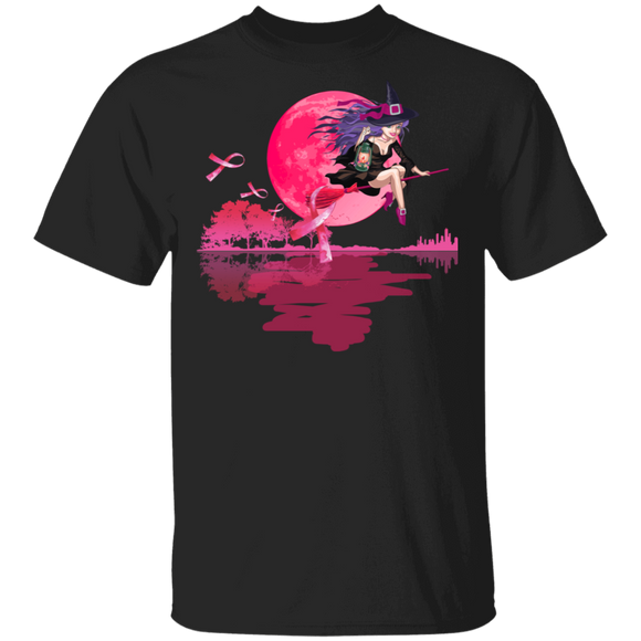 Halloween Shirt Witch Flying With Pink Ribbon Cool Breast Cancer Awareness Witch Lover Gifts Halloween T-Shirt - Macnystore