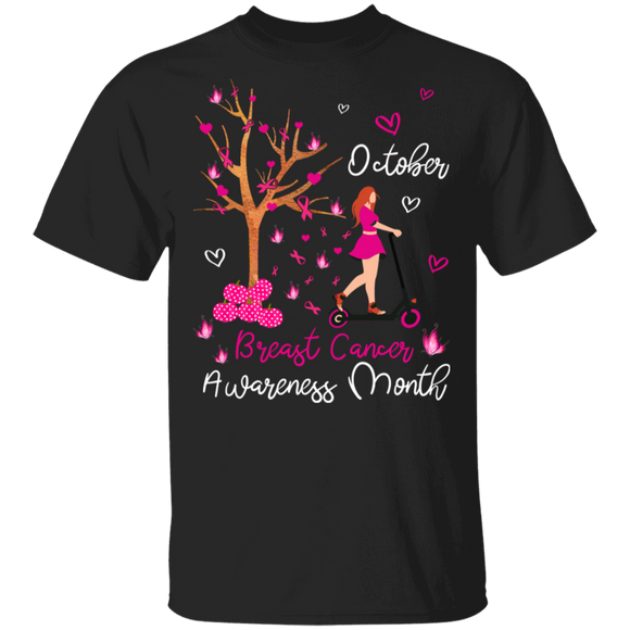 Pink Tree And scooter Butterfly October Breast Cancer Awareness Month Gifts T-Shirt - Macnystore