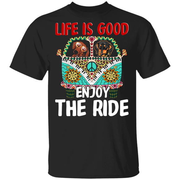 Dog Lover Shirt Life Is Good Enjoy The Ride Funny Hippie Bus Dachshund Dog Lover Gifts T-Shirt - Macnystore