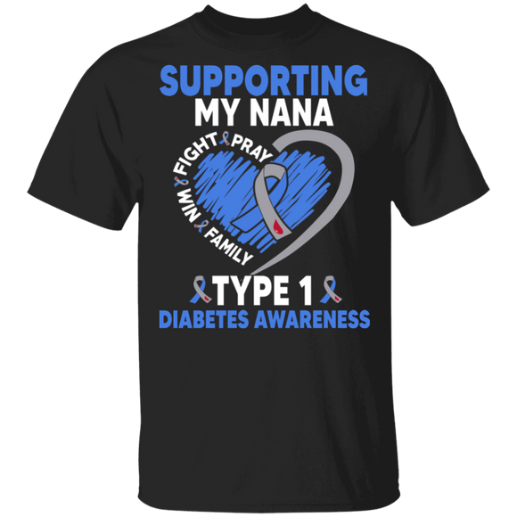 Diabetes Awareness Shirt Supporting My Nana Type 1 Diabetes Cool T1D Kids Diabetic Awareness Ribbon Heart Nana Family Gifts T-Shirt - Macnystore