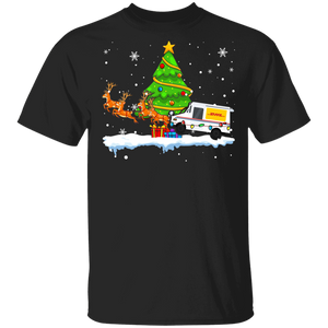 Christmas Reindeer Shirt DHL Mail Car Reindeer Funny Christmas Tree Lights Mailman Postal Worker Gifts T-Shirt - Macnystore