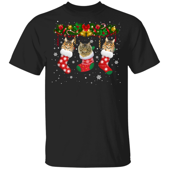 Christmas Cat Shirt Cat In Christmas Socks Cute X-mas Maine Coon Cat Lover Gifts Christmas T-Shirt - Macnystore