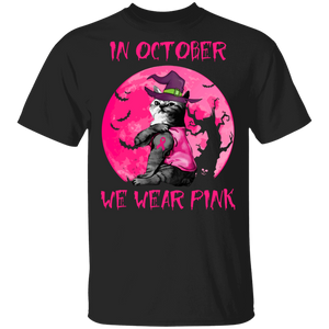 Breast Cancer Awareness Shirt We Wear Pink In October Cat Tattoo Pink Ribbon Gifts Breast Cancer T-Shirt - Macnystore