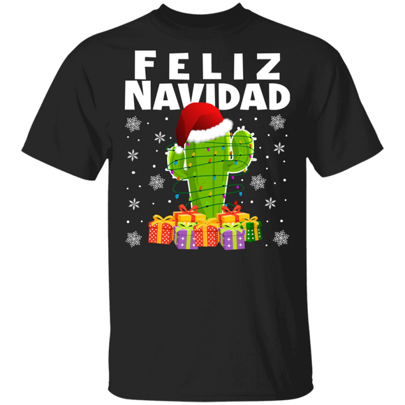 Christmas Cactus Shirt Feliz Navidad Cute Christmas Santa Cactus Tree X-mas Lights Spanish Pajama Gifts T-Shirt - Macnystore