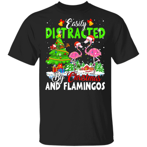 Christmas Flamingo Shirt Easily Distracted By Christmas And Flamingos Funny Christmas Lights Santa Flamingo Lover Gifts T-Shirt - Macnystore