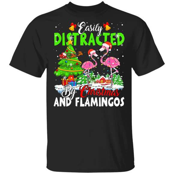 Christmas Flamingo Shirt Easily Distracted By Christmas And Flamingos Funny Christmas Lights Santa Flamingo Lover Gifts T-Shirt - Macnystore