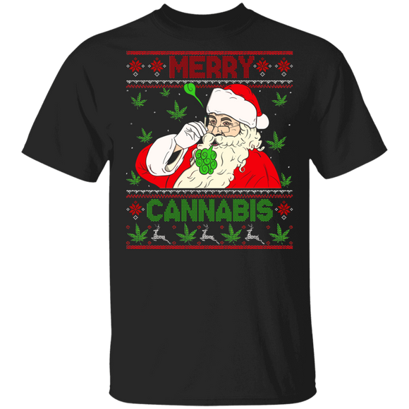 Christmas Santa Shirt Merry Cannabis Ugly Funny Christmas Sweater Santa Cannabis Weed 420 Stoner Smoker Smoking Lover Gifts T-Shirt - Macnystore