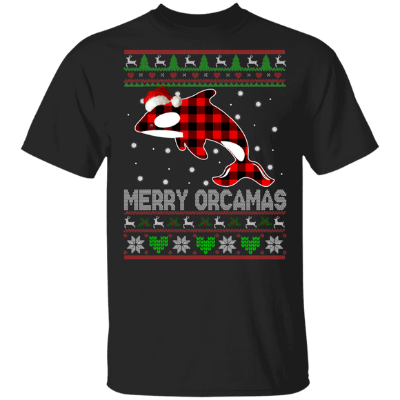 Christmas Orca Shirt Merry Orcamas Ugly Funny Christmas Sweater Santa Orca Killer Whale Red Plaid Lover Gifts T-Shirt - Macnystore