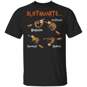 Slothwarts Funny Sloths Riding Witch Broom Halloween Gifts T-Shirt - Macnystore