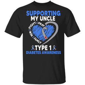 Diabetes Awareness Shirt Supporting My Uncle Type 1 Diabetes Cool T1D Kids Diabetic Awareness Ribbon Heart Uncle Family Gifts T-Shirt - Macnystore