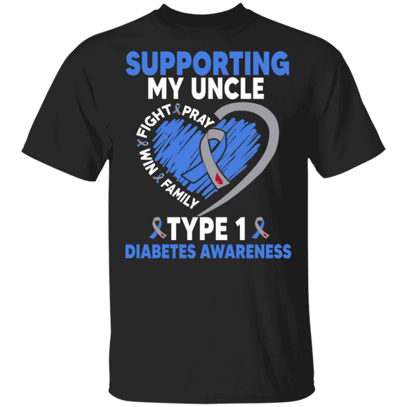 Diabetes Awareness Shirt Supporting My Uncle Type 1 Diabetes Cool T1D Kids Diabetic Awareness Ribbon Heart Uncle Family Gifts T-Shirt - Macnystore
