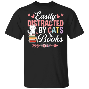 Book Cat Lover Shirt Easily Distracted By Cats And Books Cute Cat Book Nerd Lover Gifts T-Shirt - Macnystore