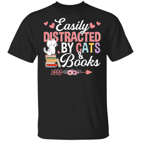 Book Cat Lover Shirt Easily Distracted By Cats And Books Cute Cat Book Nerd Lover Gifts T-Shirt - Macnystore