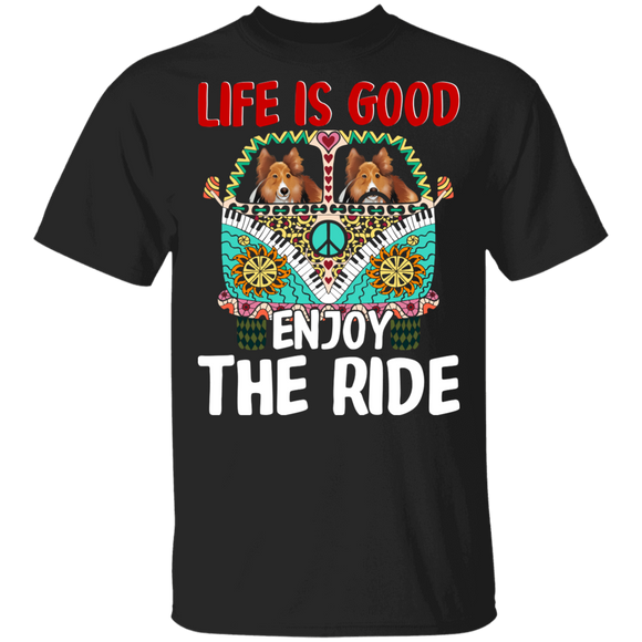Dog Lover Shirt Life Is Good Enjoy The Ride Funny Hippie Bus Sheltie Dog Lover Gifts T-Shirt - Macnystore
