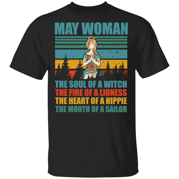 Vintage Retro May Woman The Soul Of A Witch The Fire Of Lioness Yoga Woman Gifts T-Shirt - Macnystore