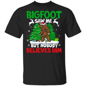 Christmas Bigfoot Shirt Bigfoot Saw Me But Nobody Believes Him Funny Christmas Santa Bigfoot Sasquatch Lover Gifts T-Shirt - Macnystore