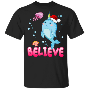 Christmas Narwhal Shirt Believe Cute Christmas Santa Narwhal Unicorn Of The Sea Pajama Gifts T-Shirt - Macnystore