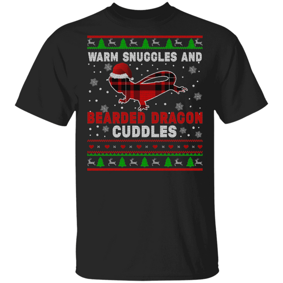 Christmas Bearded Dragon Shirt Warm Snuggles And Bearded Dragon Cuddles Ugly Funny Christmas Sweater Santa T-Shirt - Macnystore