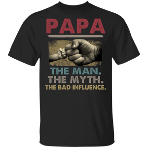 Vintage Papa The Man The Myth The Bad Influence Cool Papa Shaking Hands Shirt Matching Father's Day Gifts T-Shirt - Macnystore