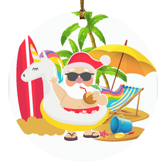 Merry Christmas Cool Unicorn Santa Claus Relaxing In Hawaii Beach Funny Christmas In July Gifts SUBORNC Circle Ornament - Macnystore