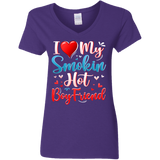 I Love My Smokin Hot Boyfriend Cute Valentine Couple Ladies V-Neck T-Shirt - Macnystore