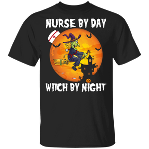 Nurse By Day Witch By Night Funny Halloween Costume Skeleton Pumpkin Halloween Party Gifts T-Shirt - Macnystore