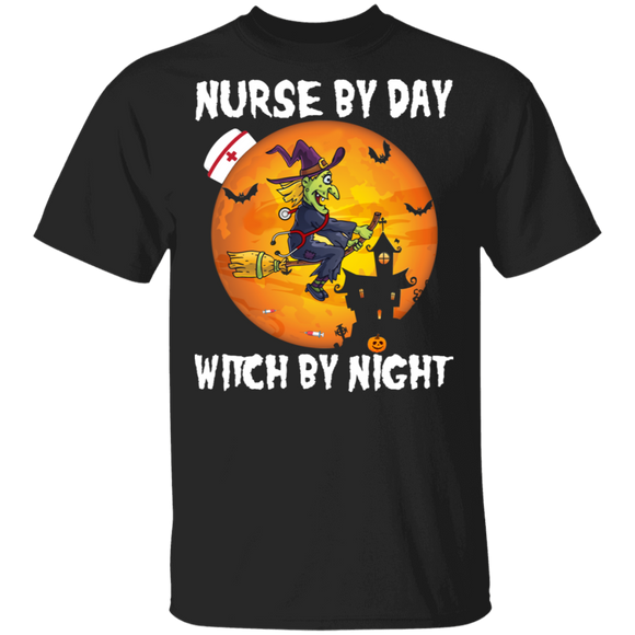 Nurse By Day Witch By Night Funny Halloween Costume Skeleton Pumpkin Halloween Party Gifts T-Shirt - Macnystore