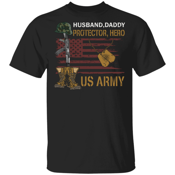 Husband Daddy Protector Hero US Army American Flag US Soldier Boots Rifle Shirt Matching US Veteran Soldier Father's Day Gifts T-Shirt - Macnystore