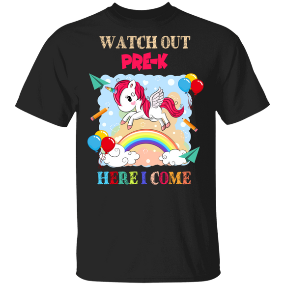 Watch Out Pre-K Here I Come Funny Magical Unicorn The First Day Of School Student Gifts T-Shirt - Macnystore