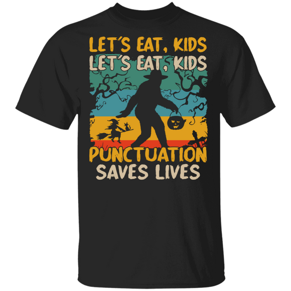 Halloween Bigfoot Shirt Vintage Retro Let's Eat Kids Punctuation Saves Lives Funny Halloween Bigfoot Lover Gifts Halloween T-Shirt - Macnystore