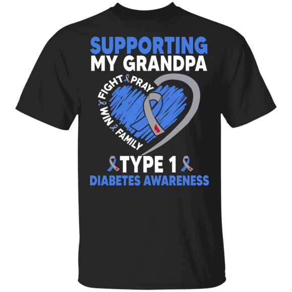 Diabetes Awareness Shirt Supporting My Grandpa Type 1 Diabetes Cool T1D Kids Diabetic Awareness Ribbon Heart Grandpa Family Gifts T-Shirt - Macnystore
