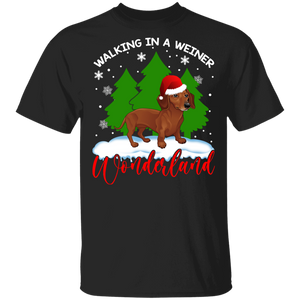 Christmas Dog Lover Shirt Walking In A Weiner Wonderland Cute Christmas Snow Santa Dachshund Dog Lover Gifts T-Shirt - Macnystore