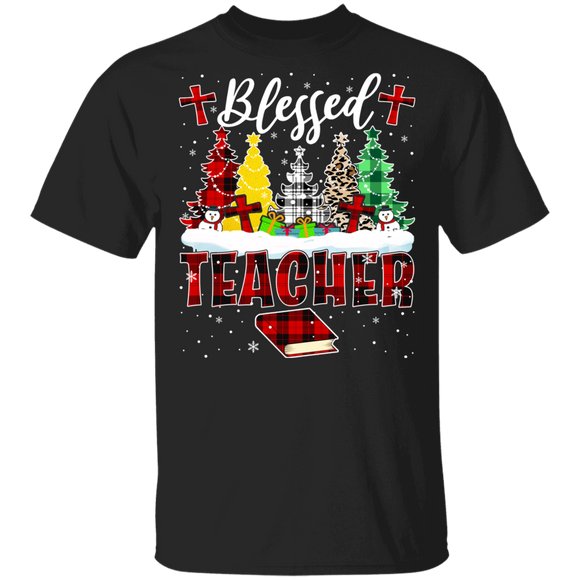 Christmas Teacher Shirt Blessed Teacher Funny Christmas Teacher Buffalo Plaid X-mas Tree Lover Gifts T-Shirt - Macnystore