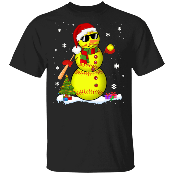 Christmas Snowman Shirt Softball Snowman With Santa Hat Cool Christmas Softball Player Lover Gifts Christmas T-Shirt - Macnystore