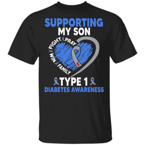 Diabetes Awareness Shirt Supporting My Son Type 1 Diabetes Cool T1D Kids Diabetic Awareness Ribbon Heart Son Family Gifts T-Shirt - Macnystore