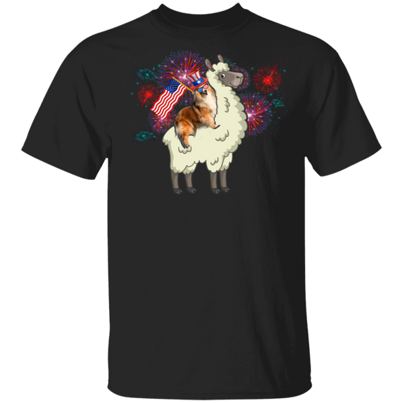 Firework American Flag Sheltie Riding Llama 4th Of July Independence Day Gifts T-Shirt - Macnystore