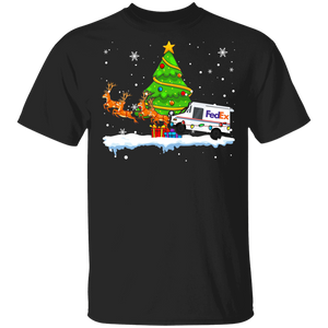 Christmas Reindeer Shirt FedEx Mail Car Reindeer Funny Christmas Tree Lights Mailman Postal Worker Gifts T-Shirt - Macnystore