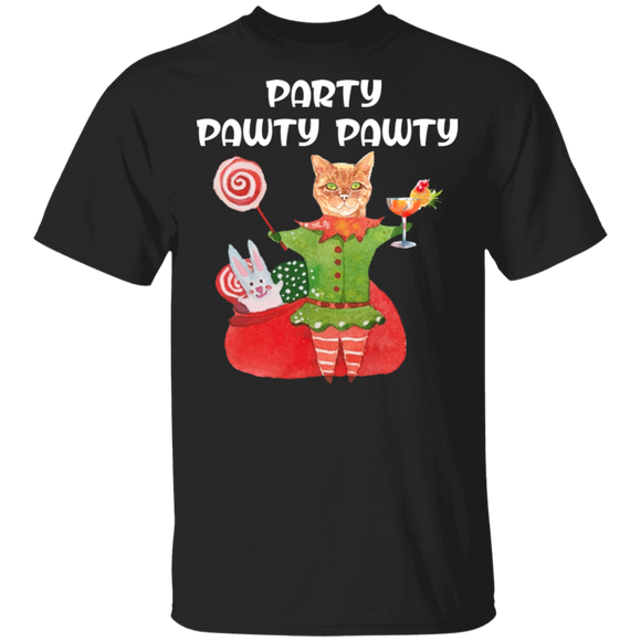 Christmas Cat Lover Shirt Party Pawty Pawty Funny Christmas Cat Elf Matching Family Group Gifts Christmas T-Shirt - Macnystore