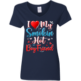 I Love My Smokin Hot Boyfriend Cute Valentine Couple Ladies V-Neck T-Shirt - Macnystore