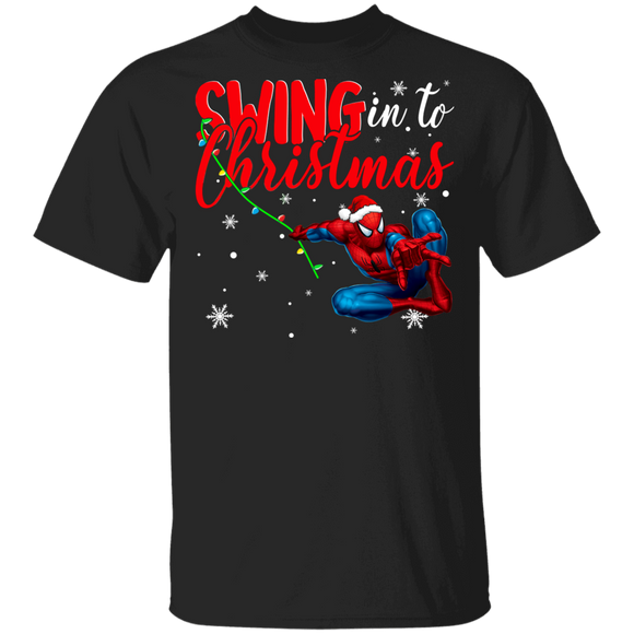 Christmas Movie Lover Shirt Swing In To Christmas Funny Christmas Santa Spider Man Movie Character Lover Matching Family Group Gifts T-Shirt - Macnystore