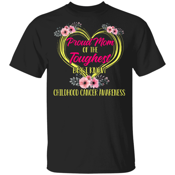 Proud Mom Of The Toughest Boy I Know Childhood Cancer Awareness Floral Heart Shirt Matching Mom Childhood Cancer Awareness Gifts T-Shirt - Macnystore